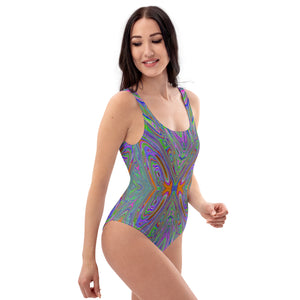 One Piece Swimsuits, Abstract Trippy Purple, Orange and Lime Green Butterfly