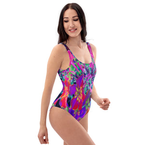 One Piece Swimsuits - Dramatic Psychedelic Colorful Red and Purple Flowers