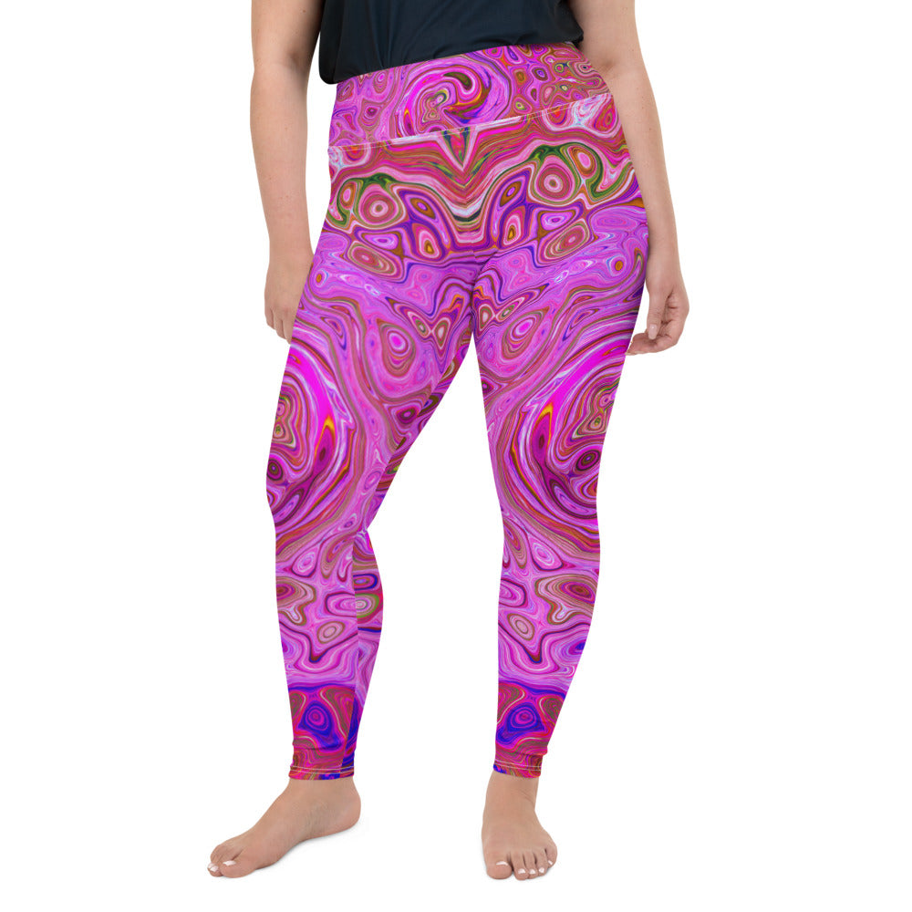 Plus Size Leggings, Hot Pink Marbled Colors Abstract Retro Swirl