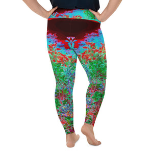 Plus Size Leggings, Colorful Abstract Foliage Garden with Crimson Sunset