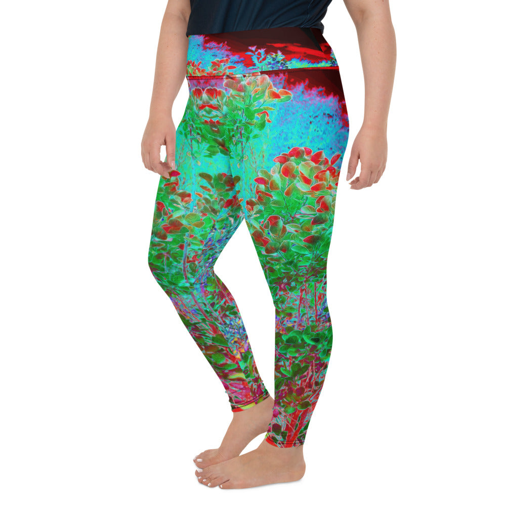 Plus Size Leggings, Colorful Abstract Foliage Garden with Crimson Sunset