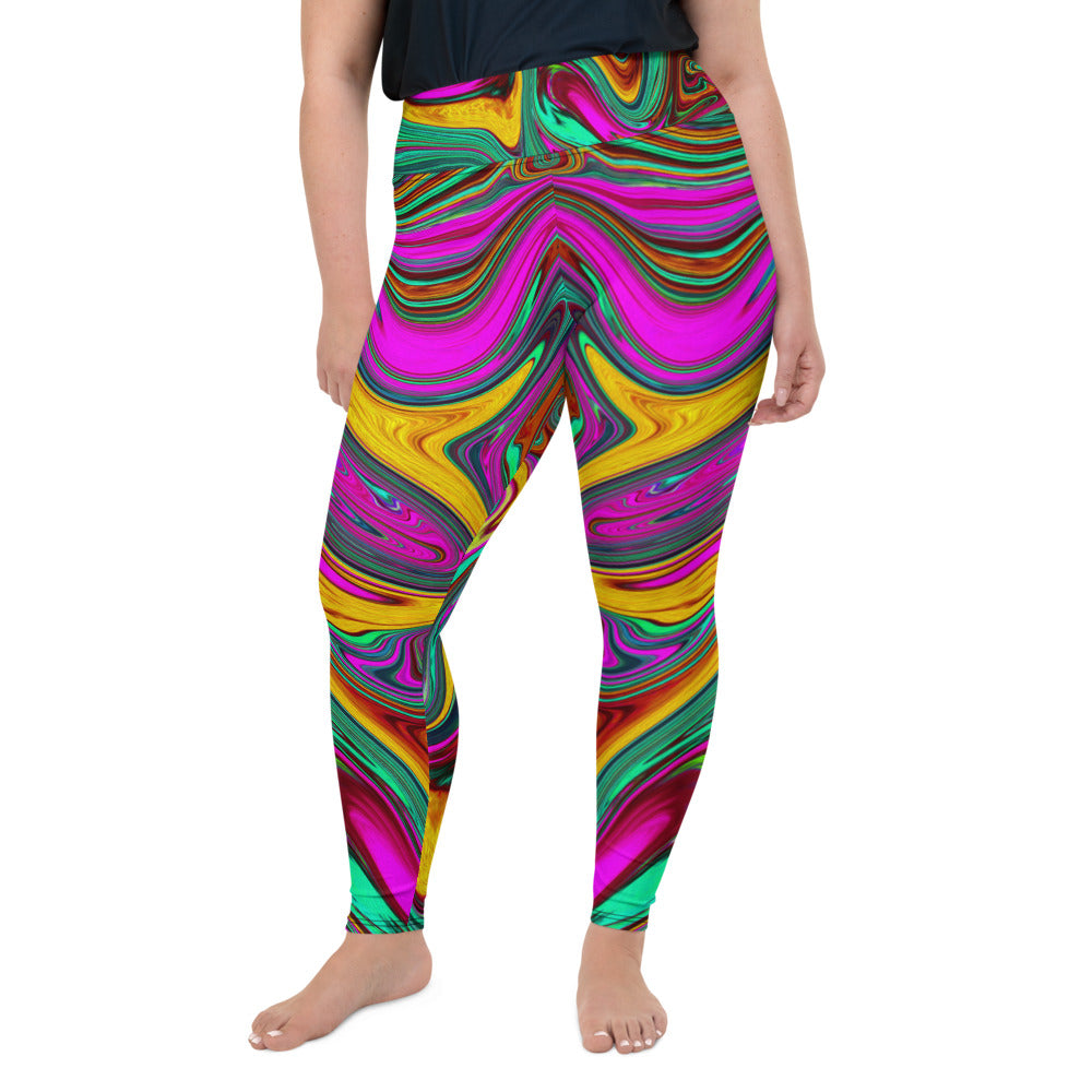 Plus Size Leggings, Retro Groovy Hot Pink and Sea Foam Green Abstract Art