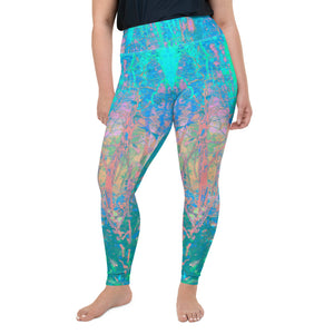 Plus Size Leggings, Trippy Aqua Sunrise with Psychedelic Garden Flowers