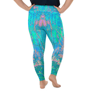 Plus Size Leggings, Trippy Aqua Sunrise with Psychedelic Garden Flowers