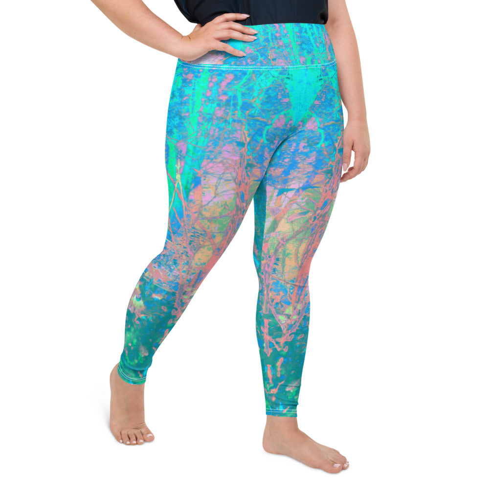 Plus Size Leggings, Trippy Aqua Sunrise with Psychedelic Garden Flowers