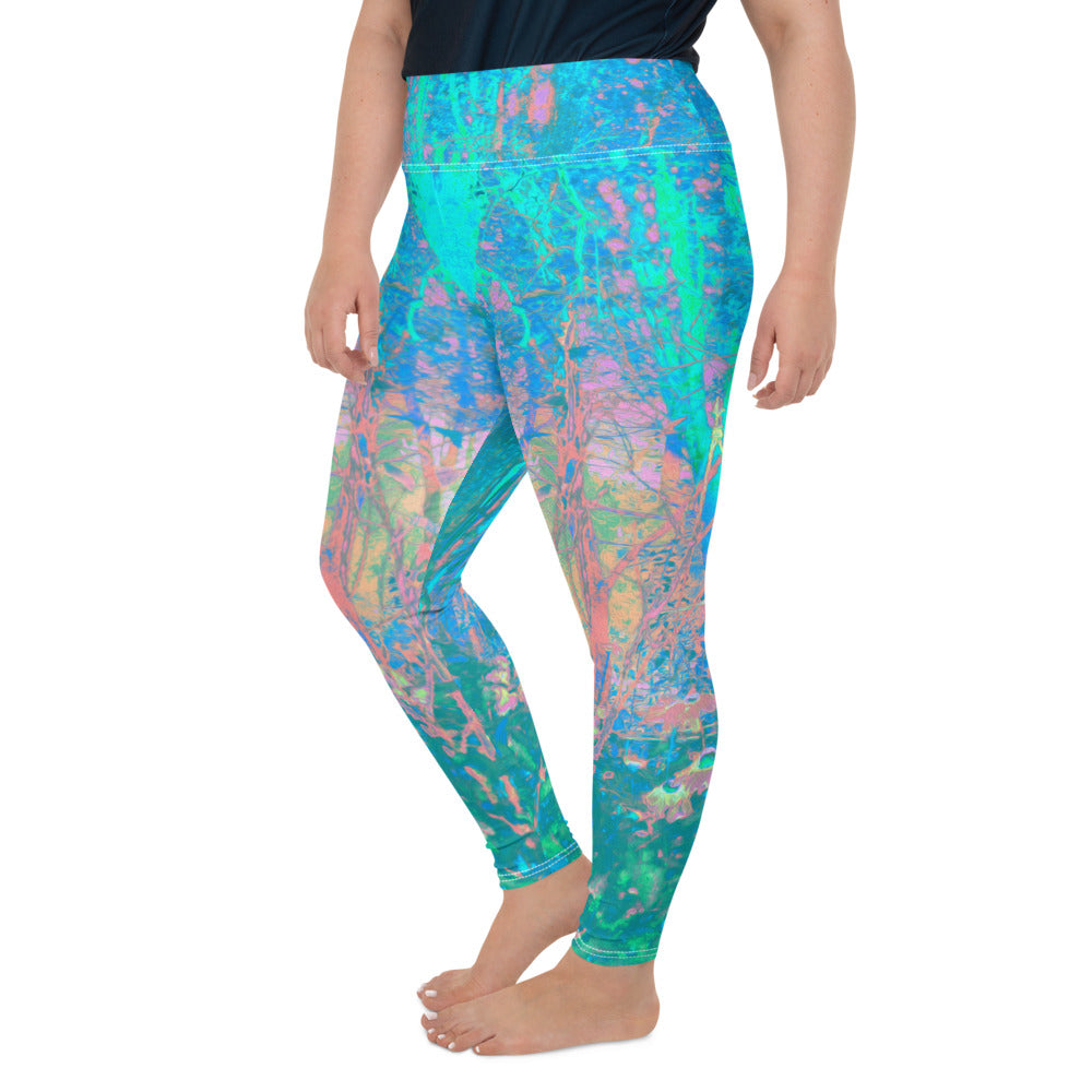 Plus Size Leggings, Trippy Aqua Sunrise with Psychedelic Garden Flowers