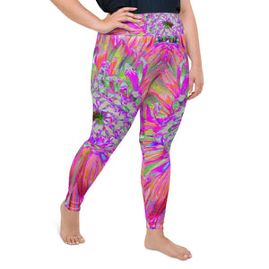 Plus Size Leggings for Women, Colorful Rainbow Decorative Dahlia Explosion