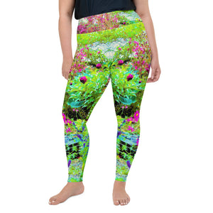 Plus Size Leggings, Green Spring Garden Landscape with Peonies
