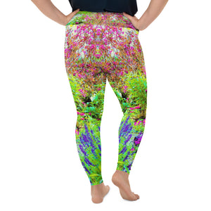 Plus Size Leggings, Green Spring Garden Landscape with Peonies