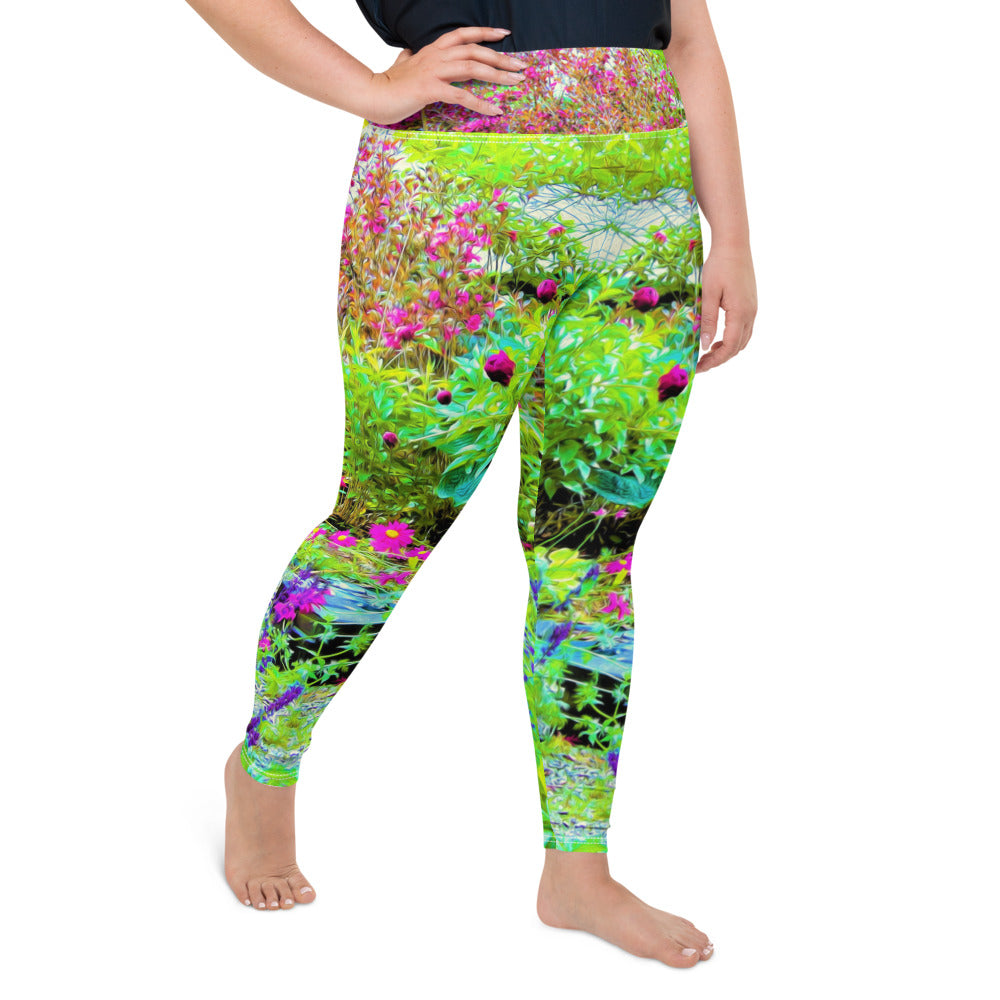 Plus Size Leggings, Green Spring Garden Landscape with Peonies