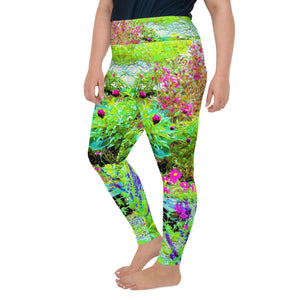 Plus Size Leggings, Green Spring Garden Landscape with Peonies