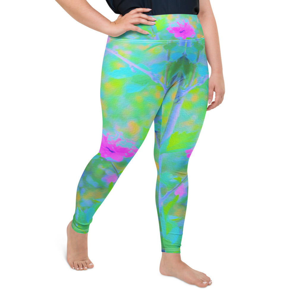 Plus Size Leggings, Pink Rose of Sharon Impressionistic Garden