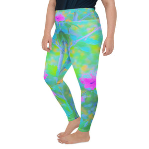 Plus Size Leggings, Pink Rose of Sharon Impressionistic Garden