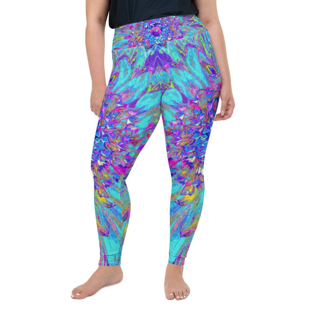 Plus Size Leggings for Women, Abstract Colorful Blue and Purple Dahlia Bloom