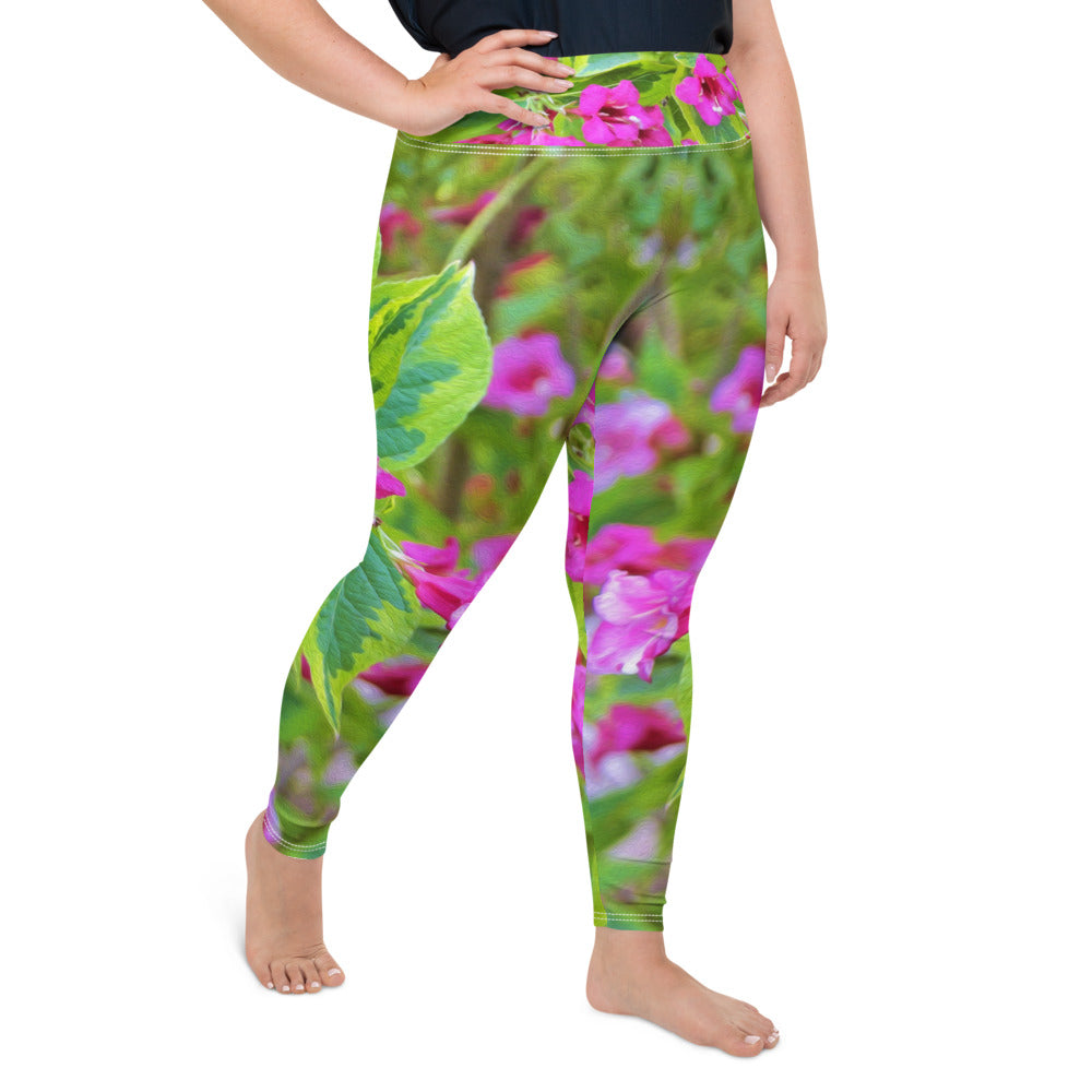 Plus Size Leggings, Beautiful Green Weigela with Crimson Flowers