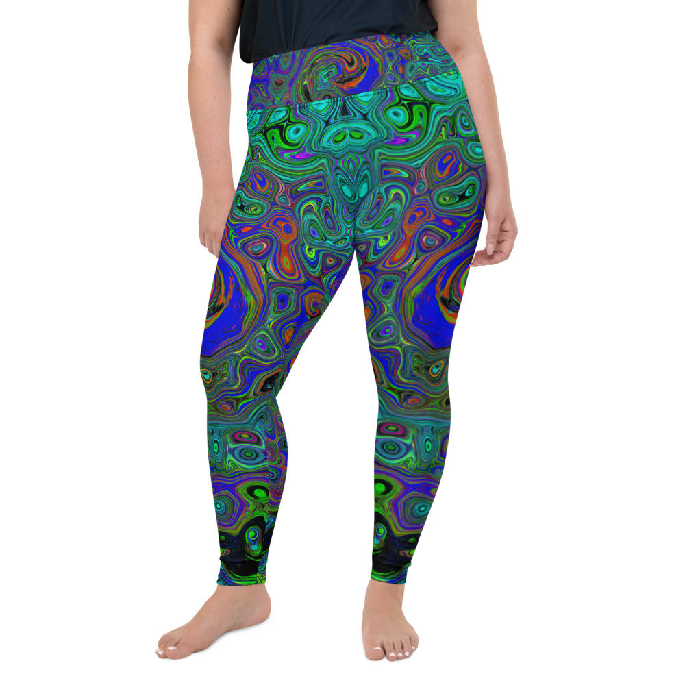 Plus Size Leggings, Marbled Blue and Aquamarine Abstract Retro Swirl