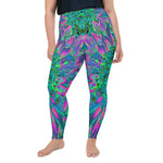 Plus Size Leggings for Women, Psychedelic Magenta, Aqua and Lime Green Dahlia