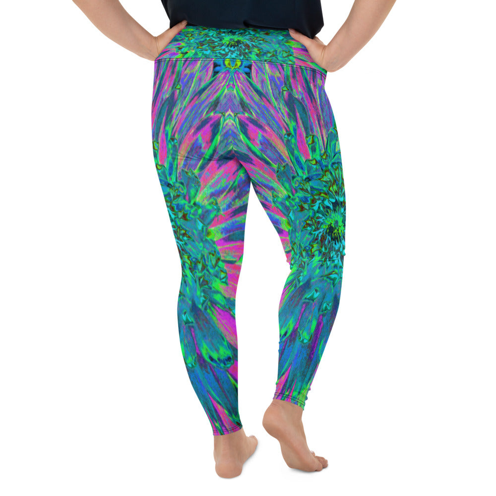 Plus Size Leggings for Women, Psychedelic Magenta, Aqua and Lime Green Dahlia