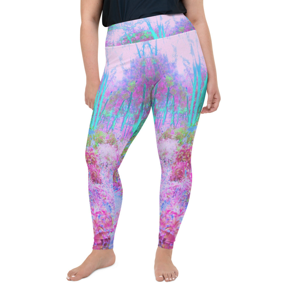 Plus Size Leggings for Women, Impressionistic Pink and Turquoise Garden Landscape