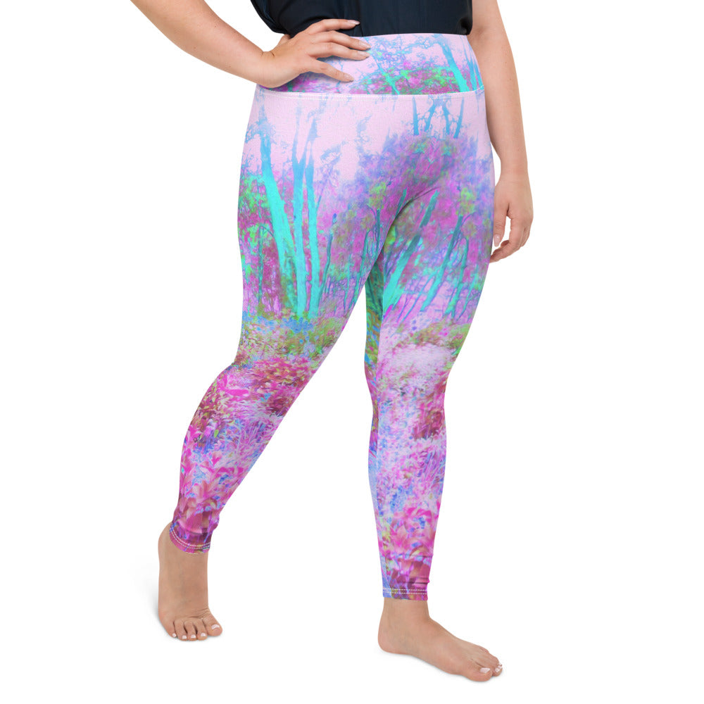 Plus Size Leggings for Women, Impressionistic Pink and Turquoise Garden Landscape