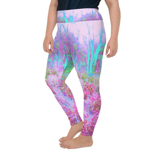 Plus Size Leggings for Women, Impressionistic Pink and Turquoise Garden Landscape