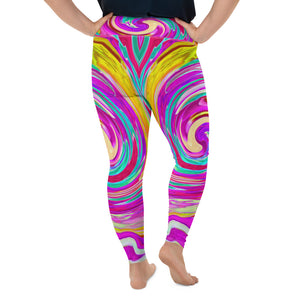Plus Size Leggings for Women, Colorful Fiesta Swirl Retro Abstract Design