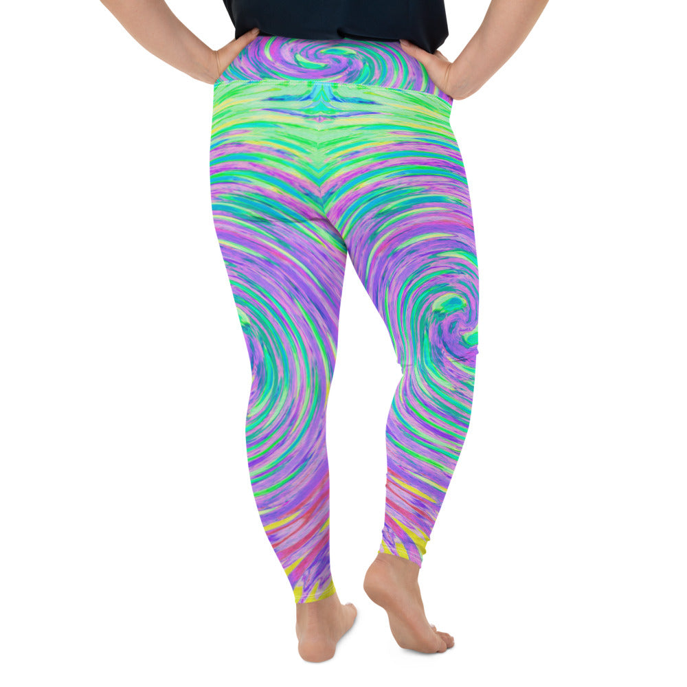 Plus Size Leggings for Women, Turquoise Blue and Purple Abstract Swirl