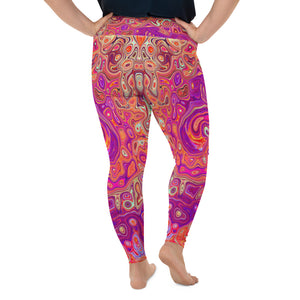 Plus Size Leggings for Women, Retro Abstract Coral and Purple Marble Swirl