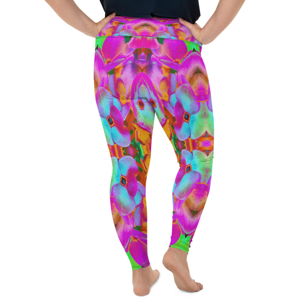 Plus Size Leggings for Women, Hydrangea Flower Petals in Aqua, Magenta and Orange