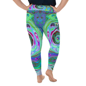 Plus Size Leggings for Women, Retro Green, Red and Magenta Abstract Groovy Swirl