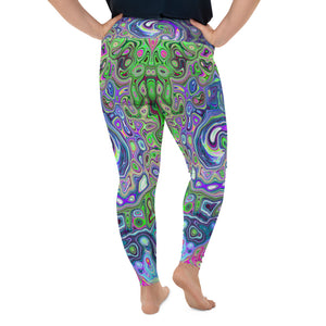 Plus Size Leggings for Women, Marbled Lime Green and Purple Abstract Retro Swirl