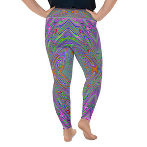 Plus Size Leggings, Abstract Trippy Purple, Orange and Lime Green Butterfly All Over Print