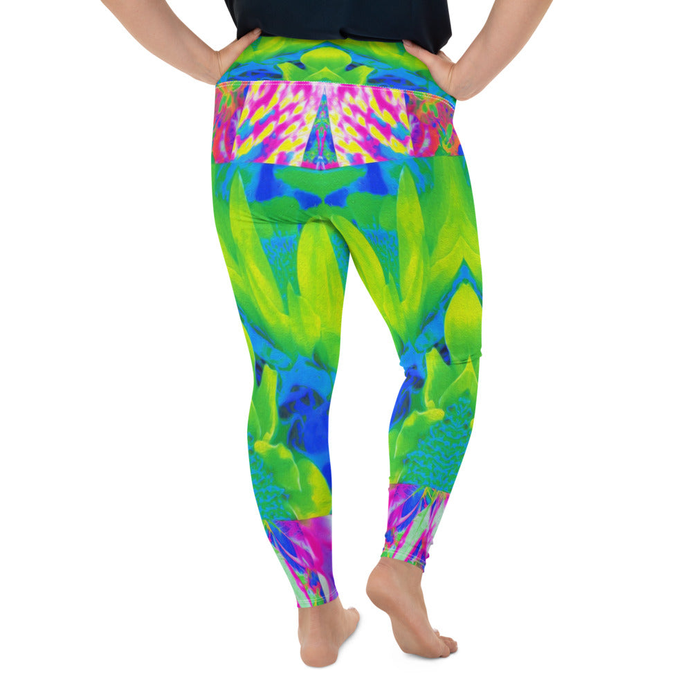 Plus Size Leggings for Women, Abstract Patchwork Sunflower Garden Collage All Over Print