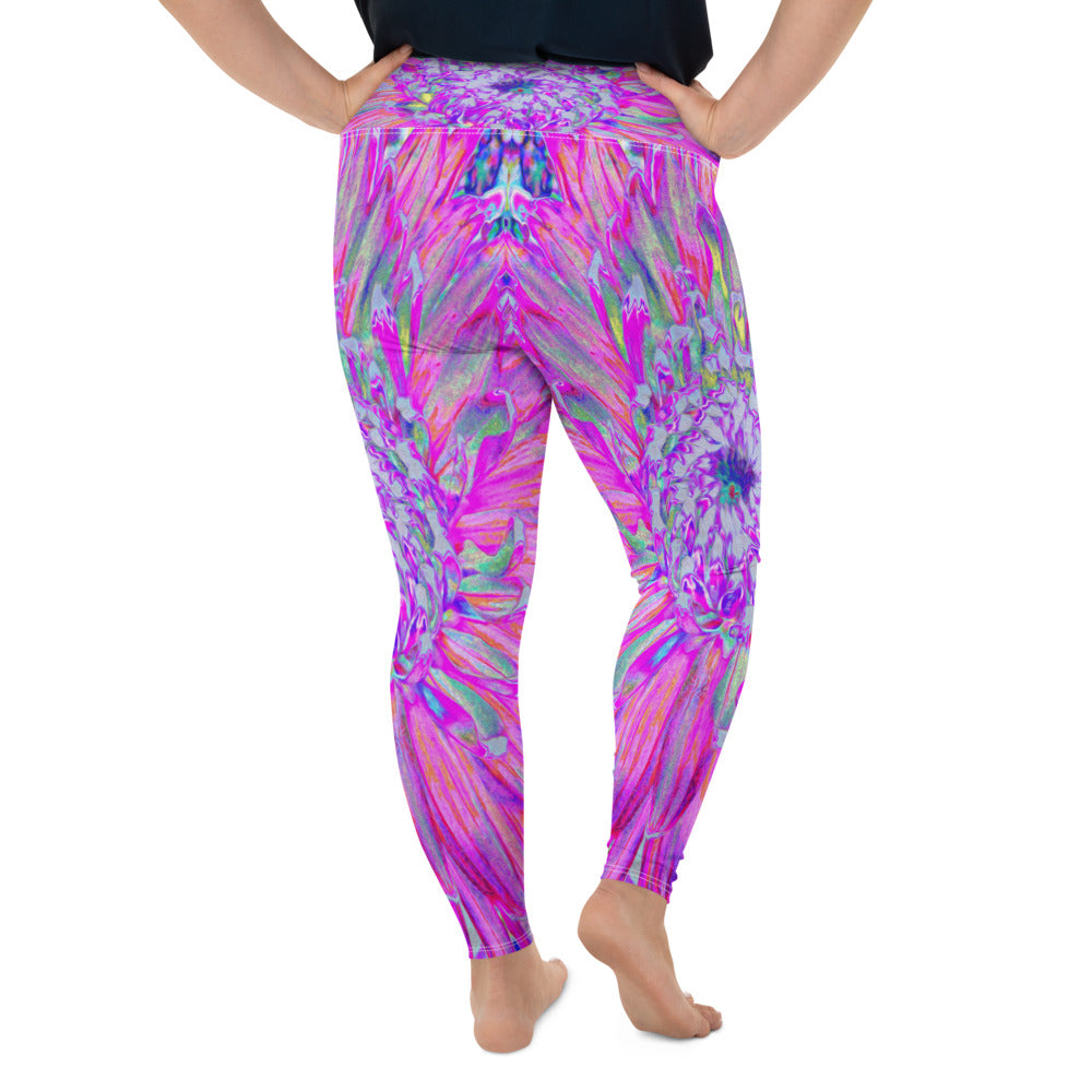 Plus Size Leggings for Women, Cool Pink Blue and Purple Artsy Dahlia Bloom