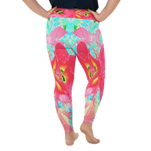Plus Size Leggings for Women, Two Rosy Red Coral Plum Crazy Hibiscus on Aqua