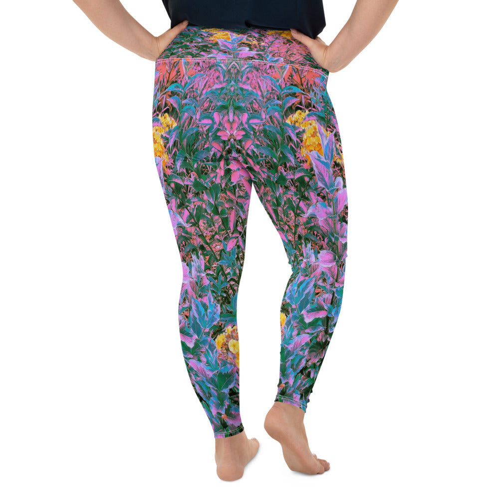 Plus Size Leggings for Women, Abstract Coral, Pink, Green and Aqua Garden Foliage