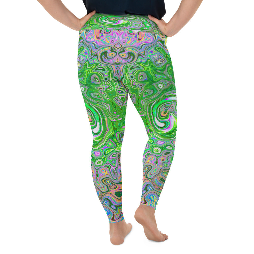 Plus Size Leggings for Women, Trippy Lime Green and Pink Abstract Retro Swirl