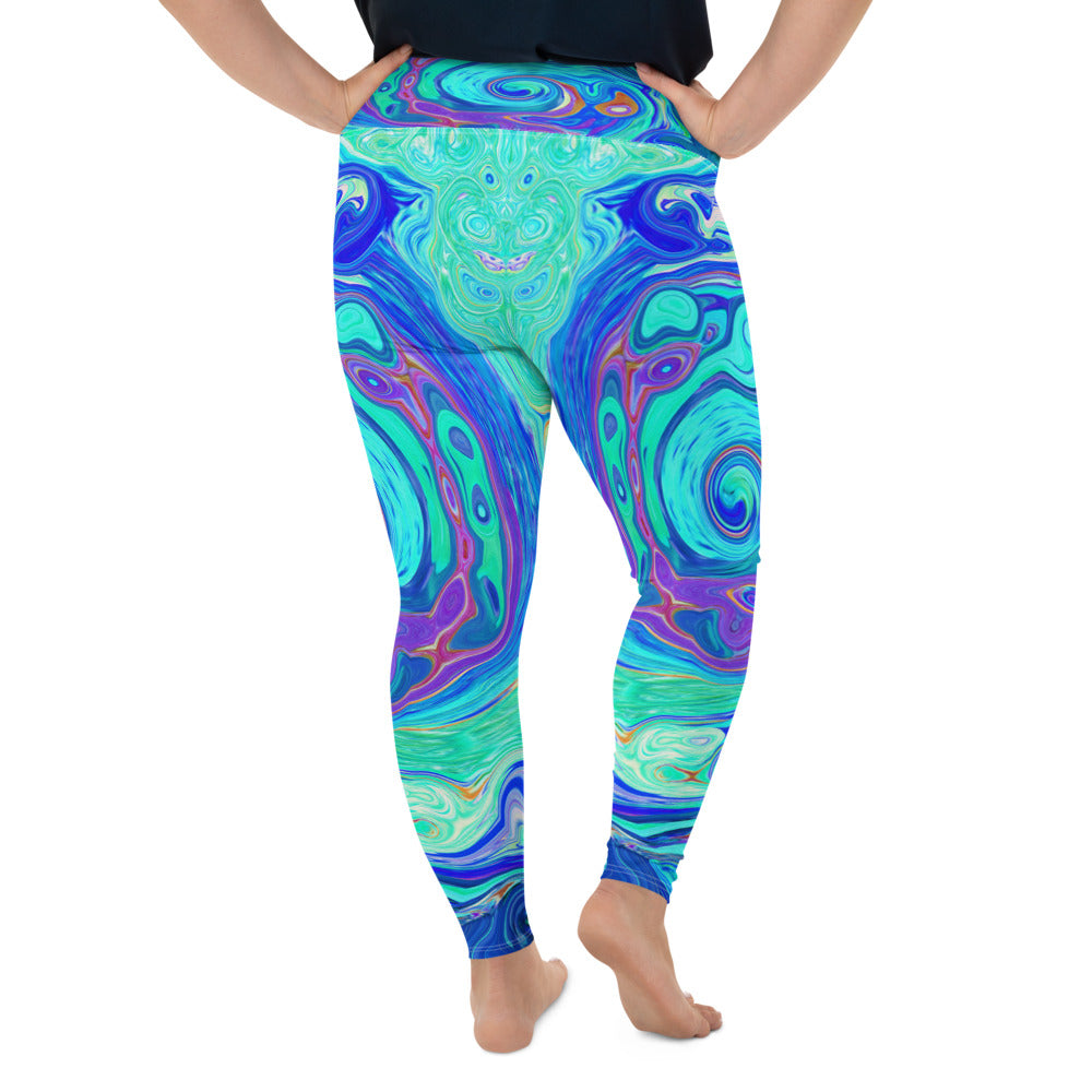 Plus Size Leggings for Women, Groovy Abstract Ocean Blue and Green Liquid Swirl