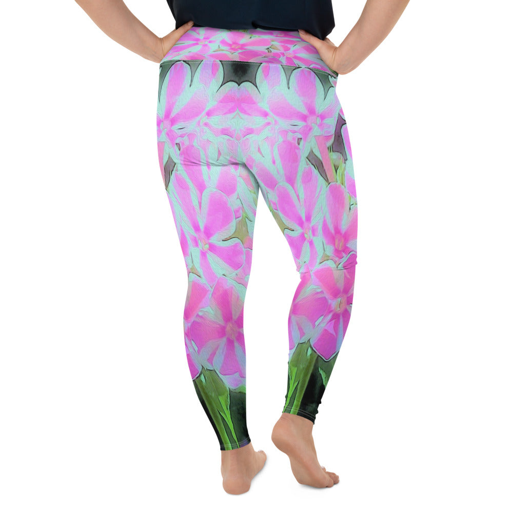 Plus Size Leggings for Women, Hot Pink and White Peppermint Twist Garden Phlox