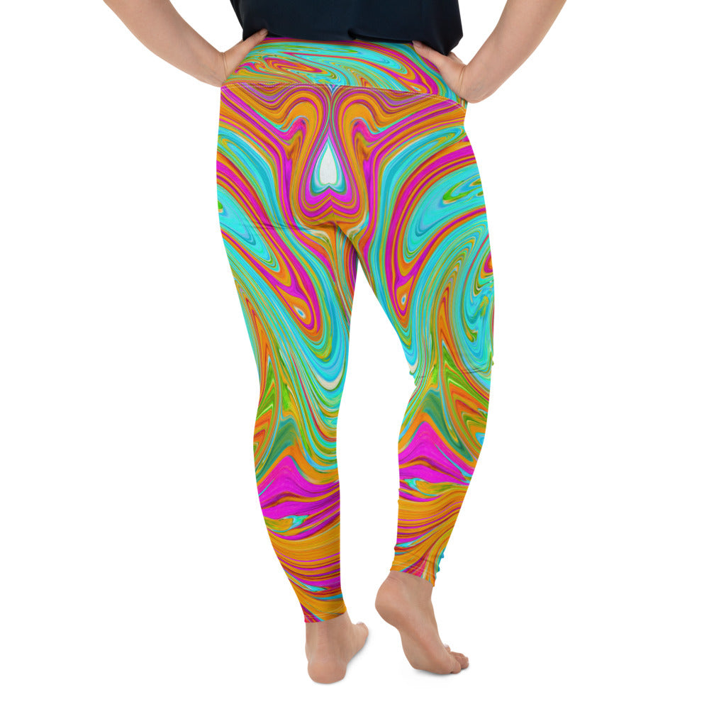 Plus Size Leggings for Women, Blue, Orange and Hot Pink Groovy Abstract Retro Art