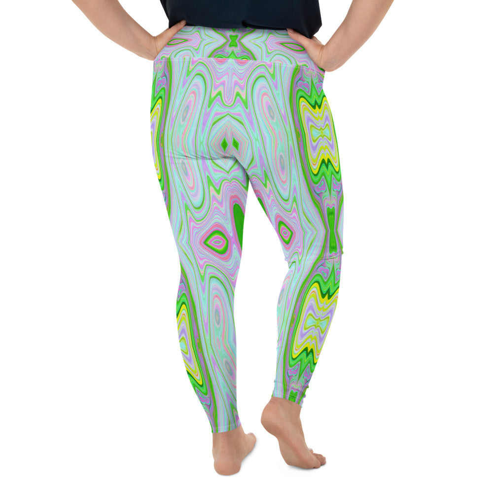 Plus Size Leggings for Women, Retro Abstract Pink, Lime Green and Aqua Pattern