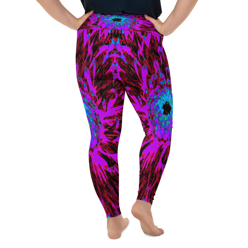 Plus Size Leggings for Women, Dramatic Crimson Red, Purple and Black Dahlia