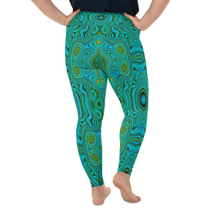 Plus Size Leggings for Women, Trippy Retro Turquoise Chartreuse Abstract Pattern