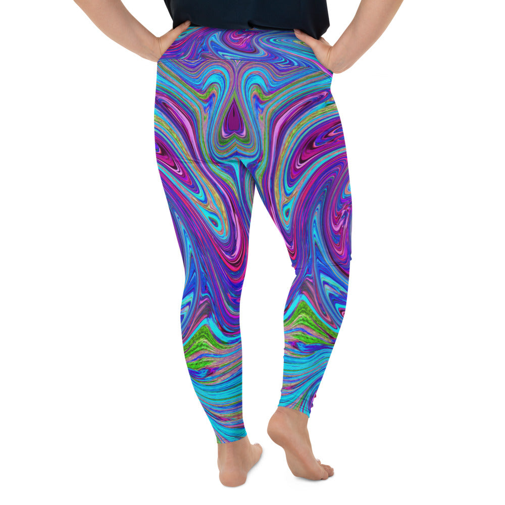 Plus Size Leggings for Women, Blue, Pink and Purple Groovy Abstract Retro Art