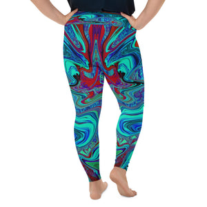 Plus Size Leggings for Women, Groovy Abstract Retro Art in Blue and Red