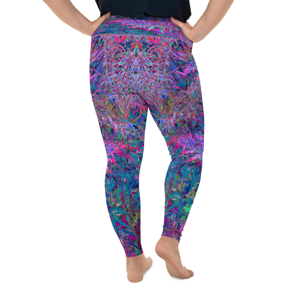 Plus Size Leggings for Women, Abstract Psychedelic Rainbow Colors Foliage Garden