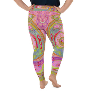 Plus Size Leggings for Women, Retro Pink, Yellow and Magenta Abstract Groovy Art