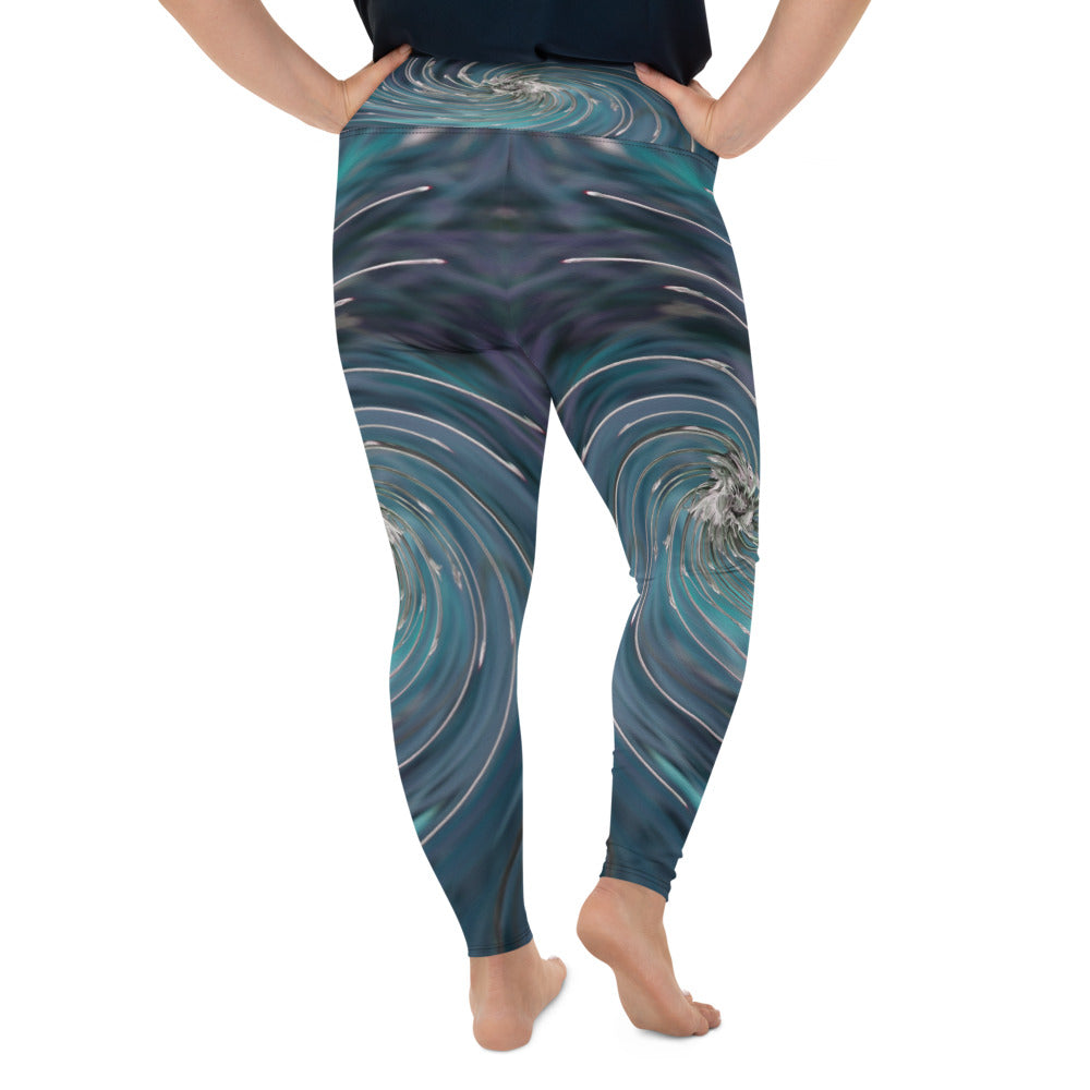 Plus Size Leggings for Women, Cool Abstract Retro Black and Teal Cosmic Swirl