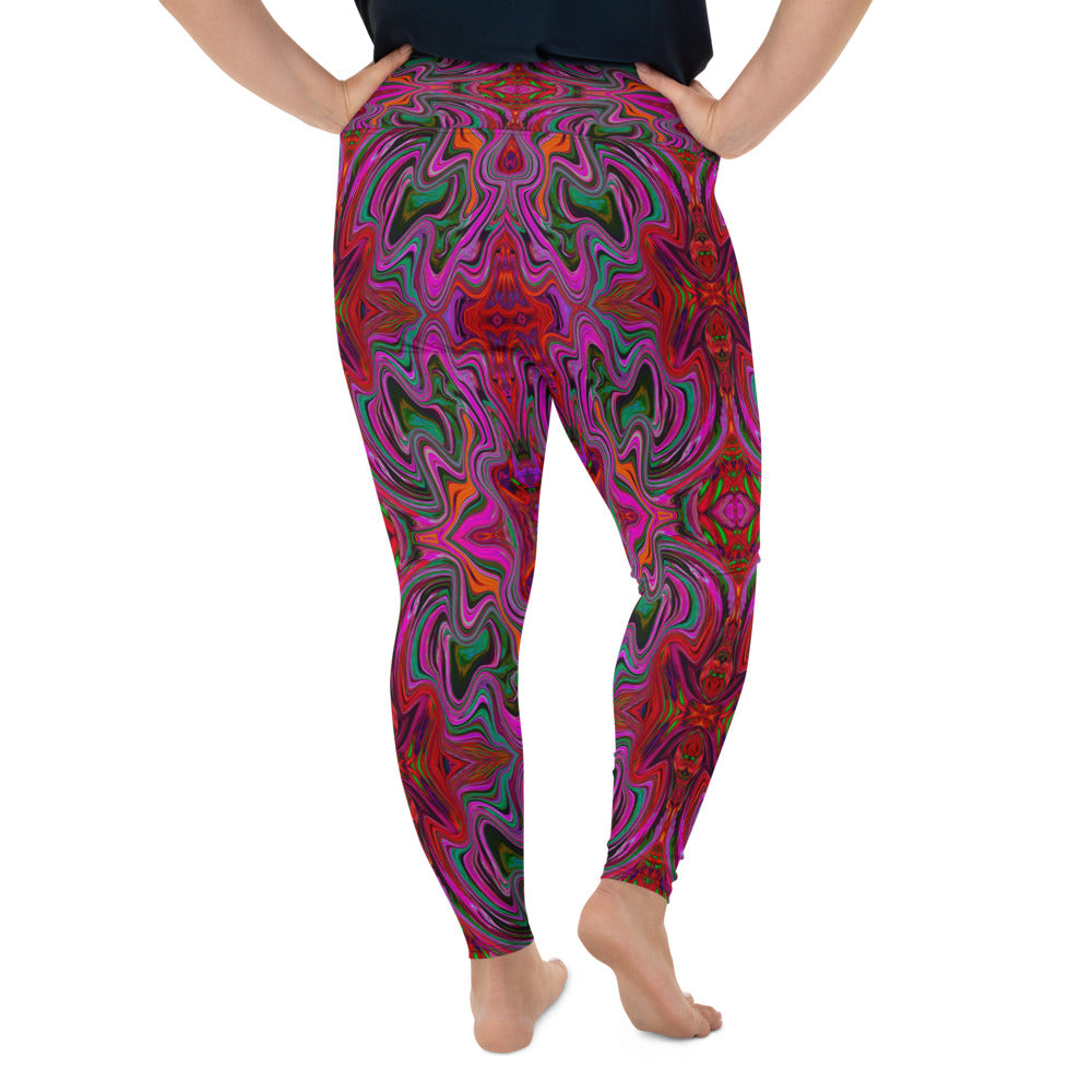 Plus Size Leggings for Women, Cool Trippy Magenta, Red and Green Wavy Pattern