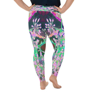 Plus Size Leggings for Women, Cool Abstract Retro Nature in Pink and Lime Green